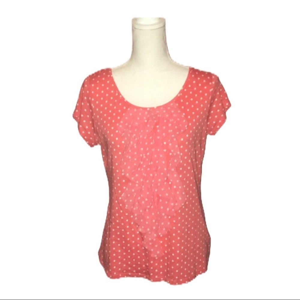 ELLE Coral Polka Dot/Ruffle Front Top M